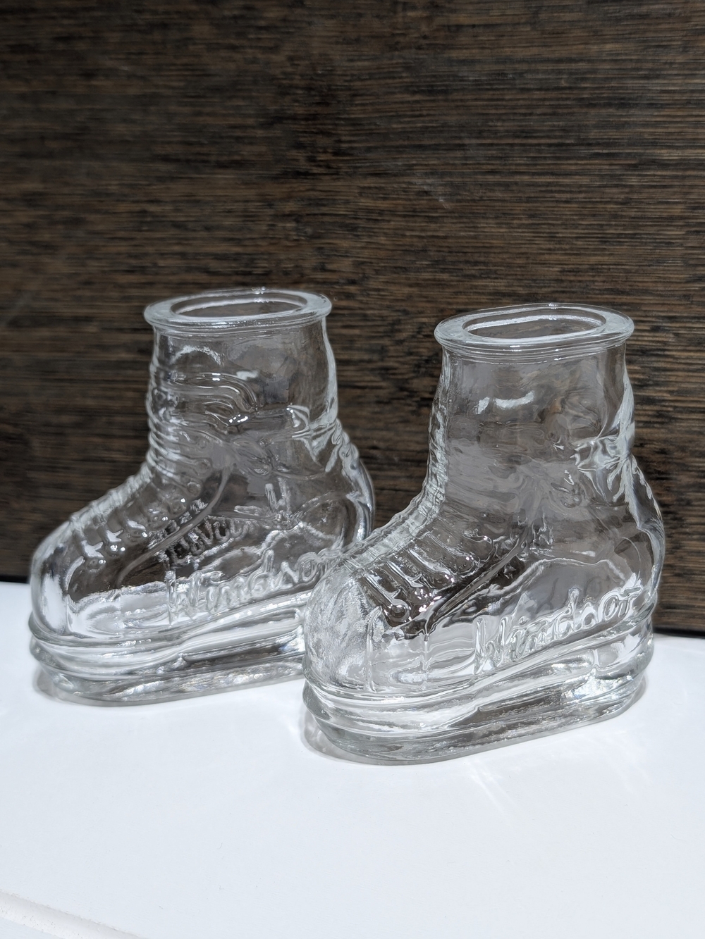 Vintage Windsor Canadian Whiskey Clear Ice Hockey Skate Boot Shot Glass Set